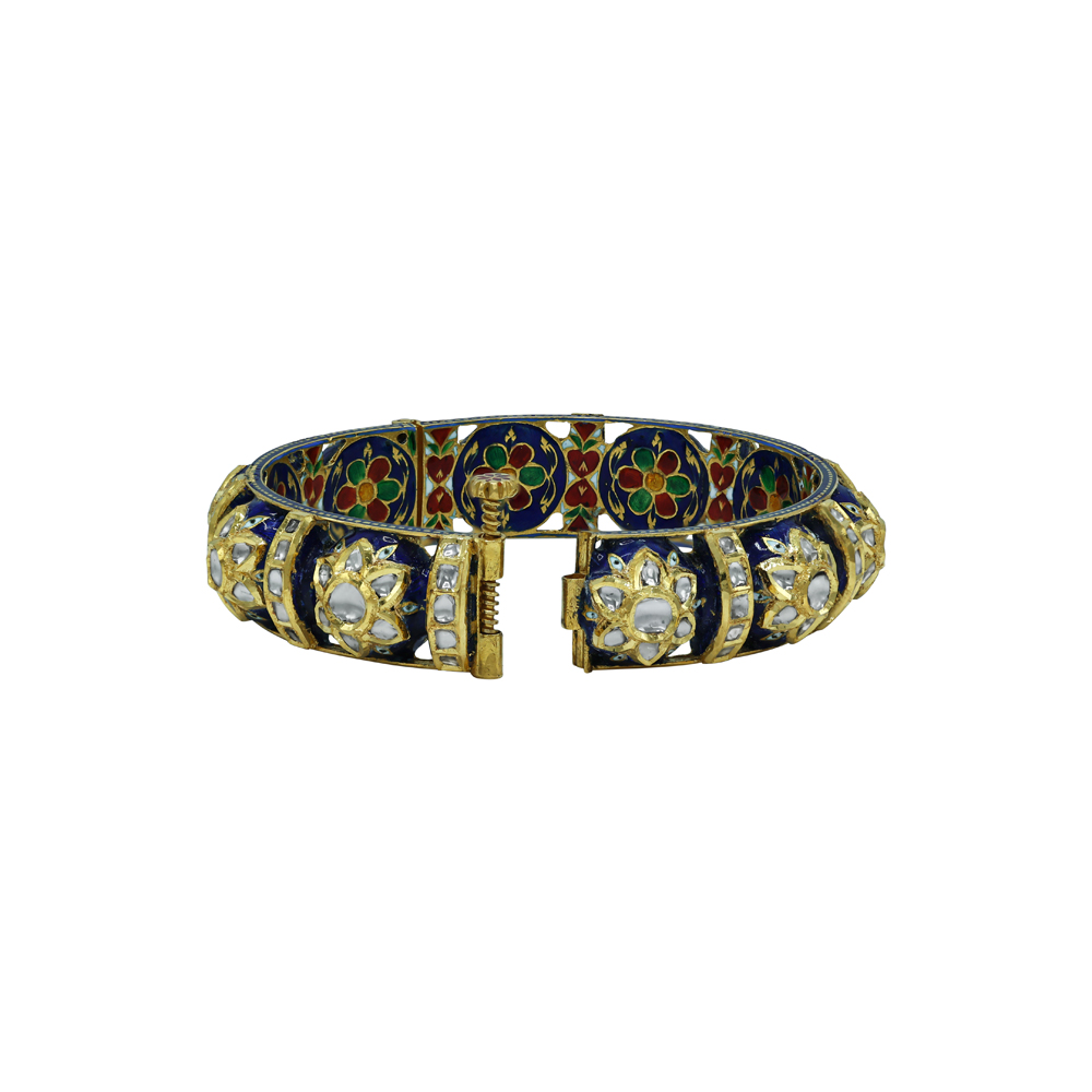 Polki Bangle with Blue Enamel and Floral Meenakari
